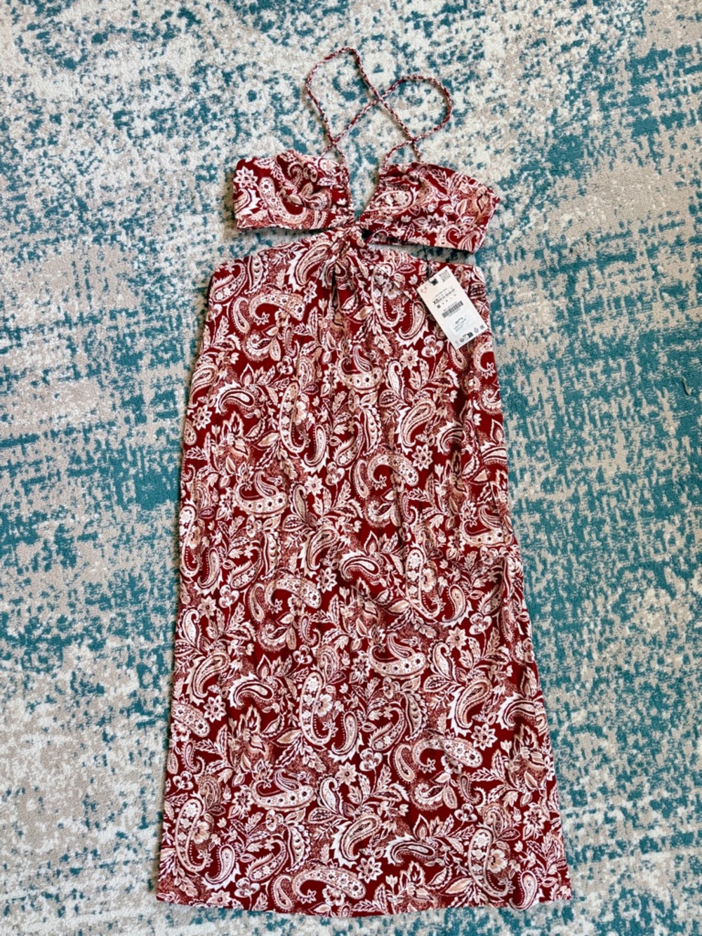 Zara Red and White Paisley Tie-Front Maxi Dress